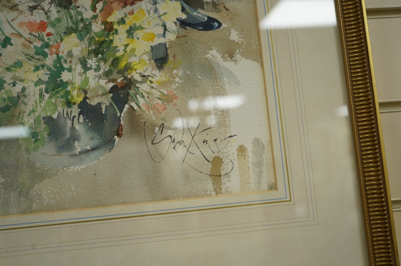 Gordon King (b.1939), two watercolours, Studies of flower sellers, each signed together with a colour print after the same artist, largest 49 x 66cm. Condition - good